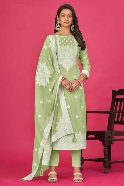 Pista Green Colour Semi Stitched Jacquard Straight Suit