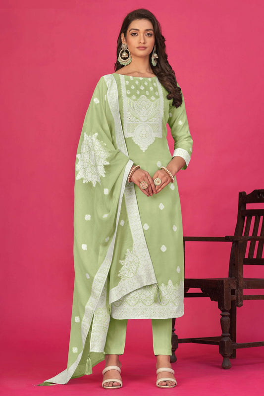 Pista Green Colour Semi Stitched Jacquard Straight Suit