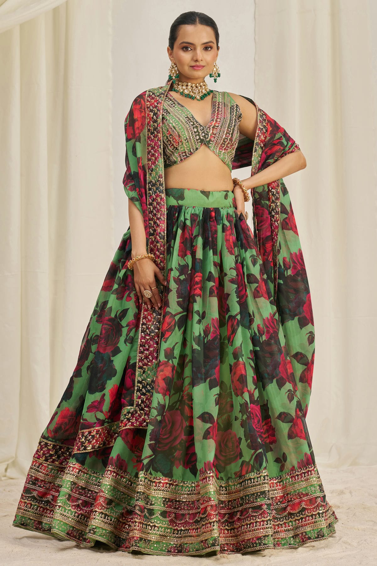 Pista Green Colour Semi Stitched Organza Lehenga Choli