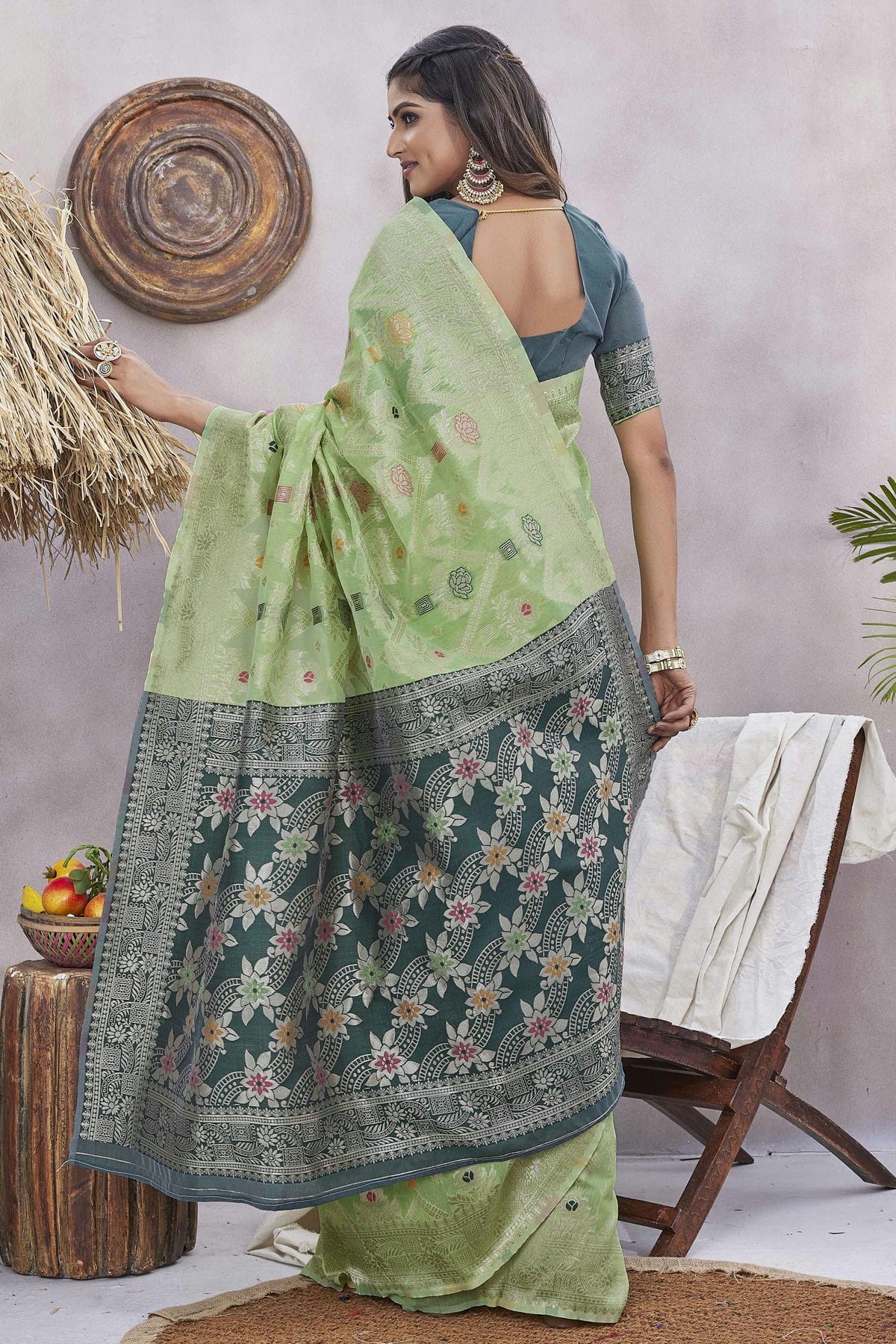 Pista Green Colour Silk Blend Traditional Saree