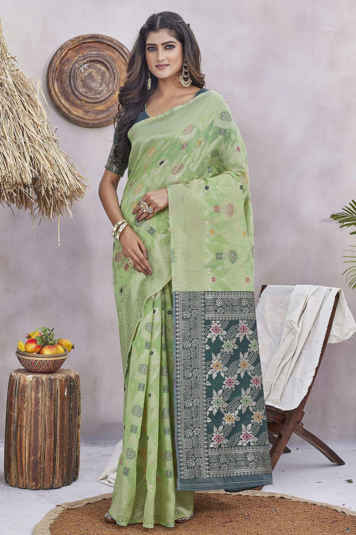 Pista Green Colour Silk Blend Traditional Saree