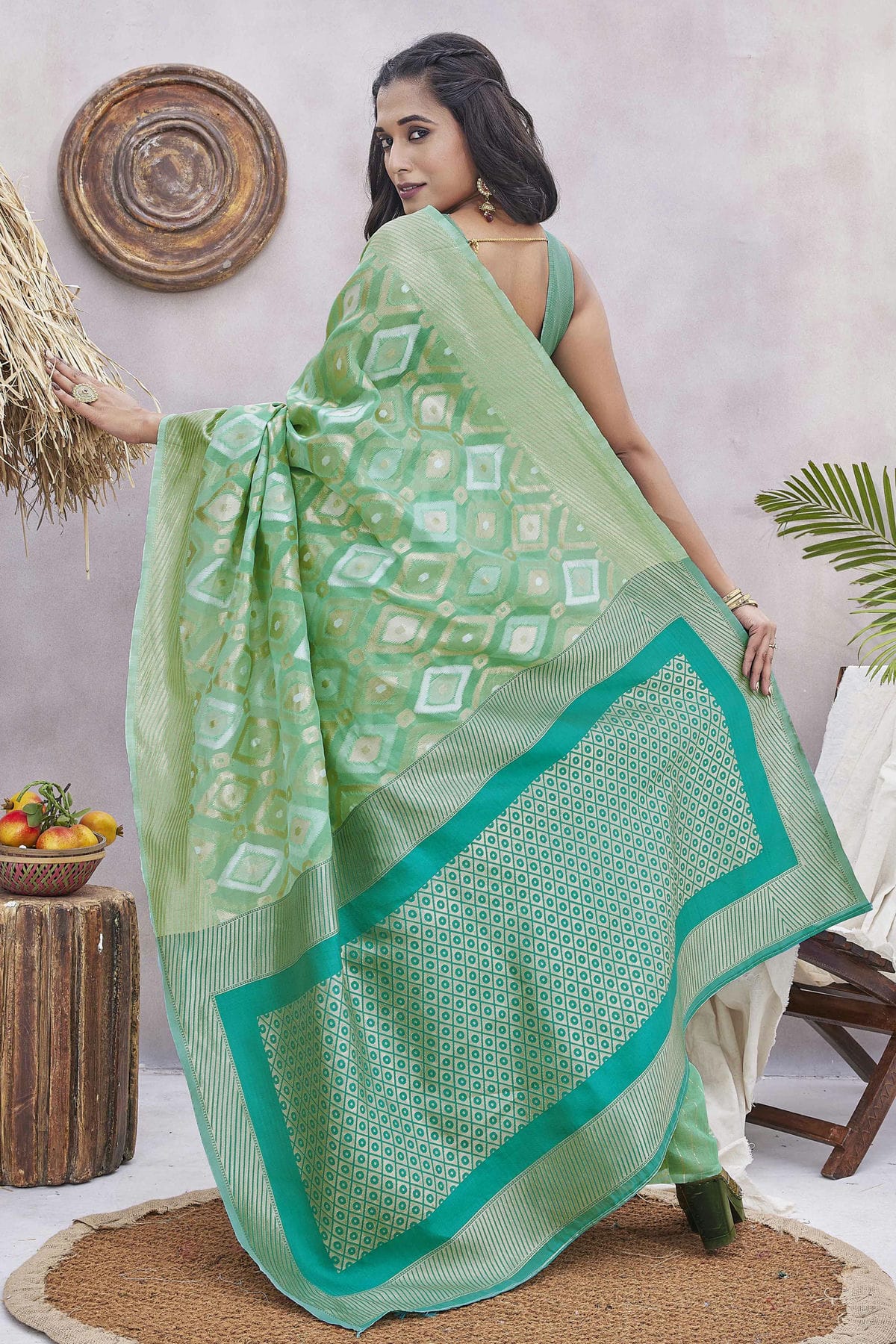 Pista Green Colour Silk Blend Traditional Saree