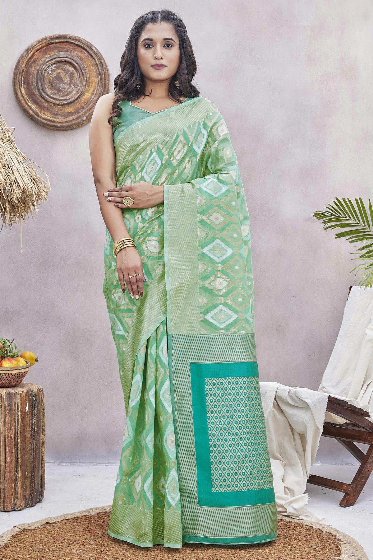 Pista Green Colour Silk Blend Traditional Saree