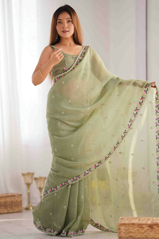 Pista Green Colour Silk Designer Saree