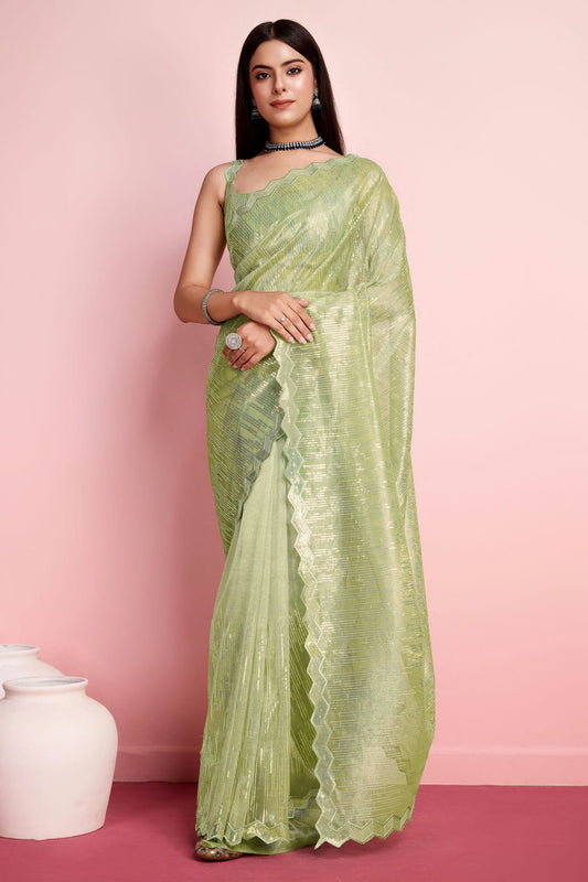 Pista Green Colour Silver Twill Net Saree