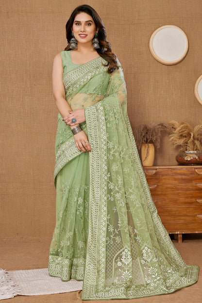 Pista Green Colour Soft Net Saree