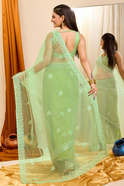 Pista Green Colour Soft Net Saree