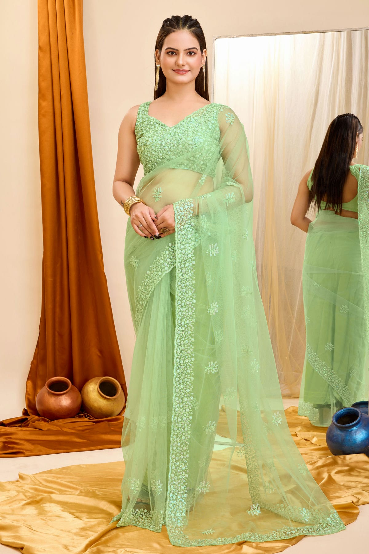 Pista Green Colour Soft Net Saree