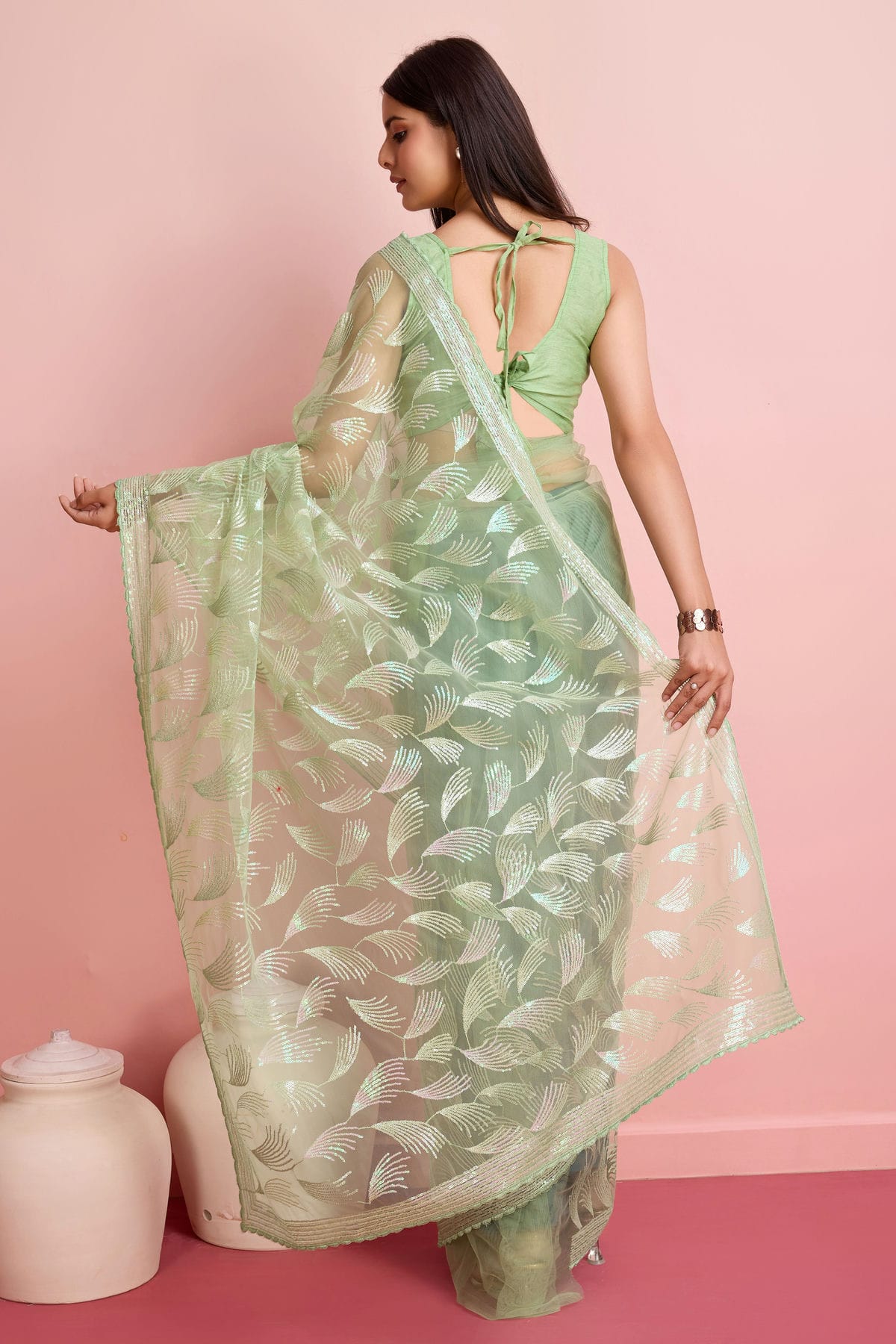 Pista Green Colour Soft Net Saree