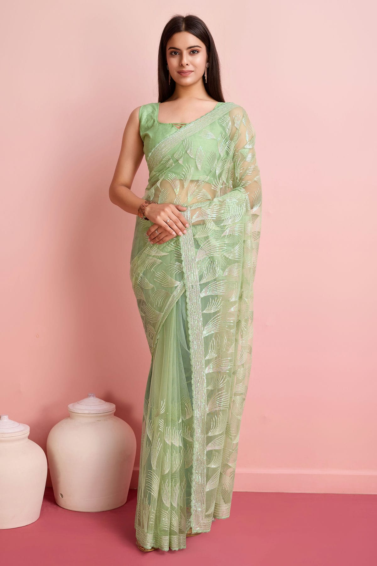 Pista Green Colour Soft Net Saree