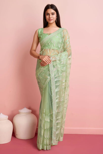 Pista Green Colour Soft Net Saree