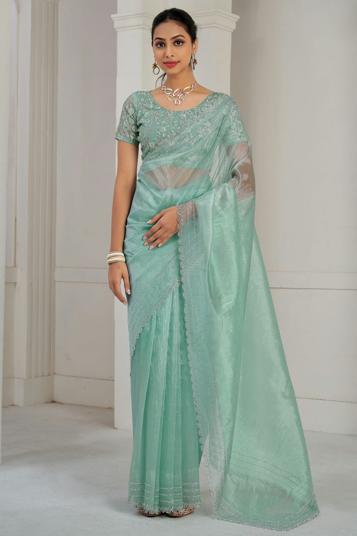 Pista Green Colour Soft Organza Designer Saree