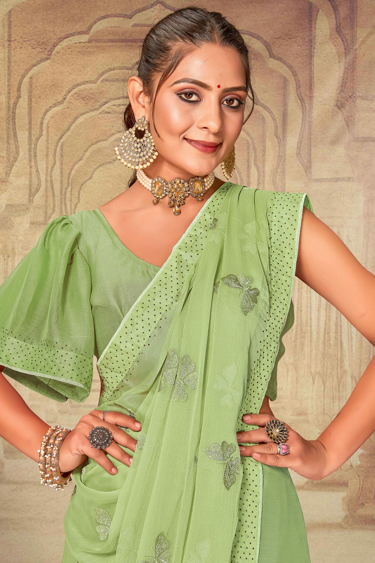 Pista Green Colour Soft Silk Chiffon Designer Saree