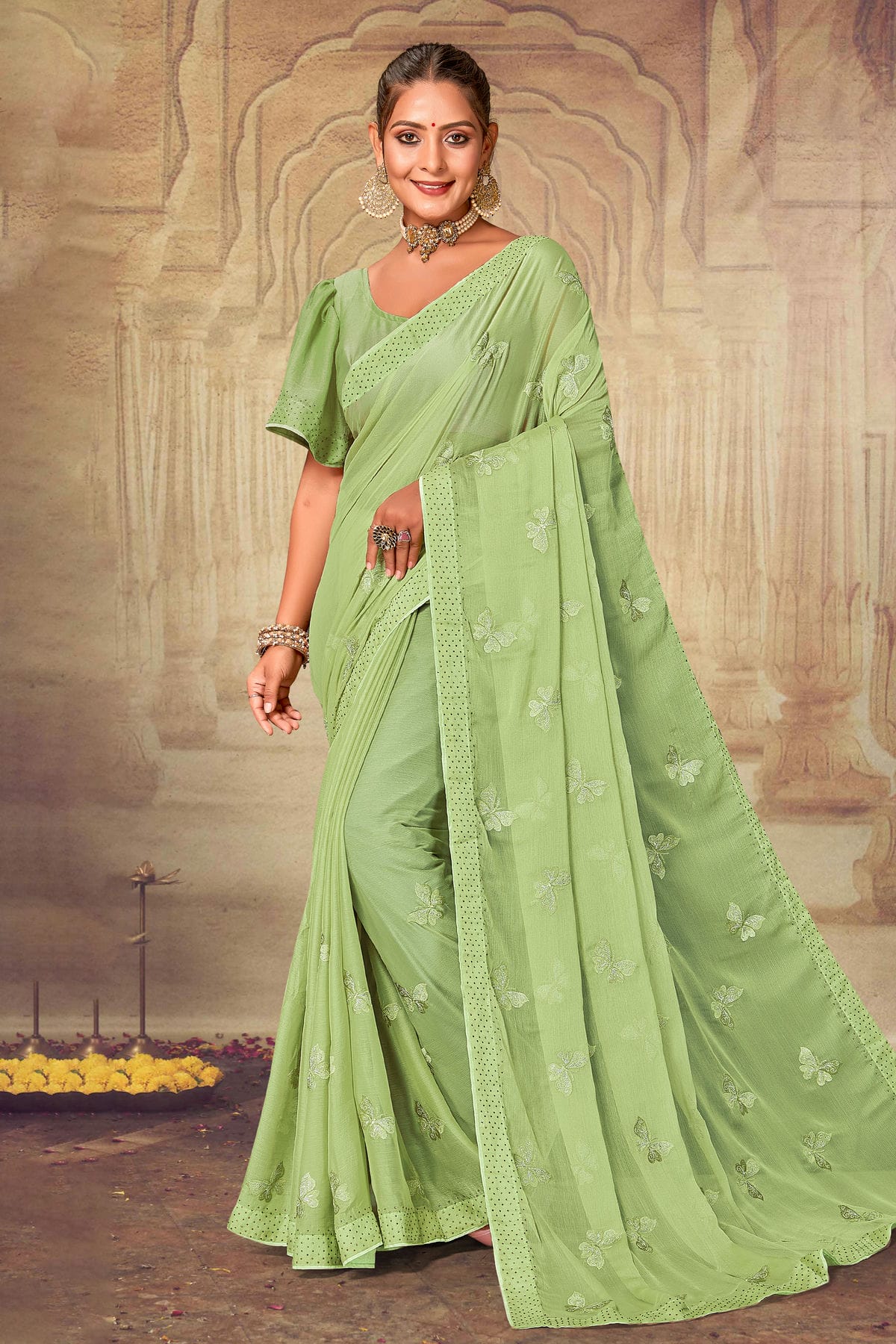 Pista Green Colour Soft Silk Chiffon Designer Saree