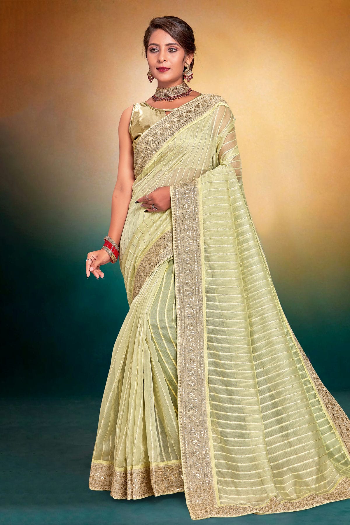 Pista Green Colour Tissue Designer Saree