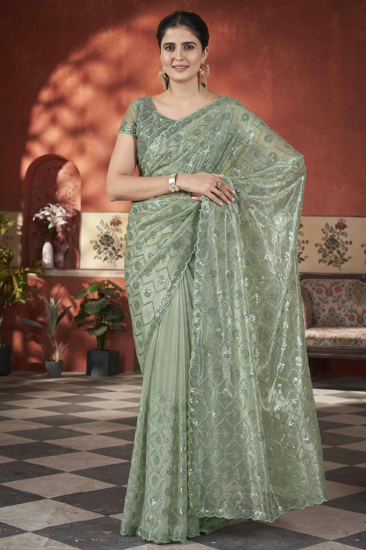 Pista-Green-Colour-Tissue-Net-Designer-Saree-VSSD1112570