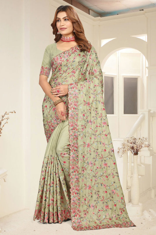 Pista Green Colour Tusser Silk Designer Saree