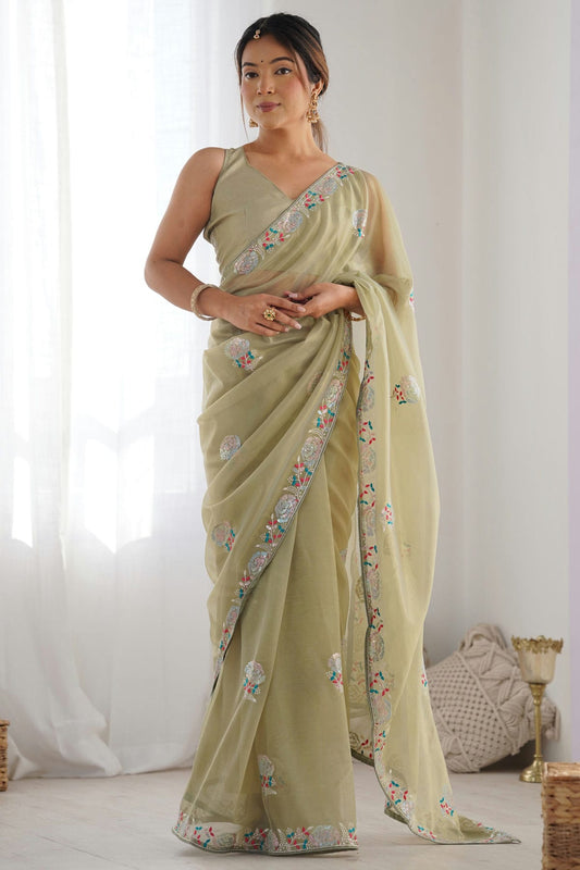 Pista Green Colour Twill Net Designer Saree