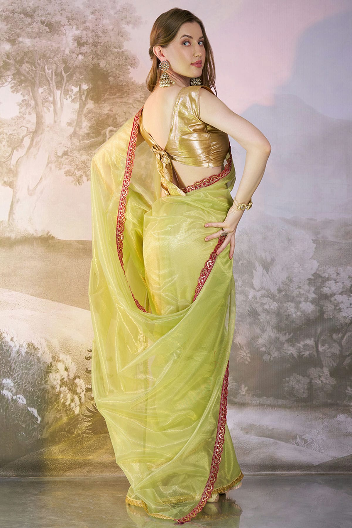 Pista Green Colour Twill Net Saree VSSD1112735