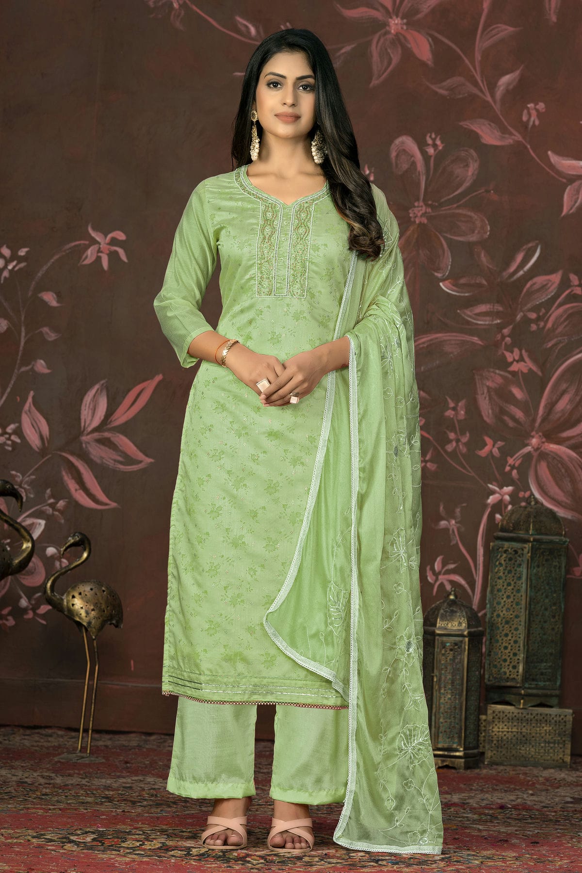 Pista Green Colour Unstitched Cotton Jacquard Straight Suit