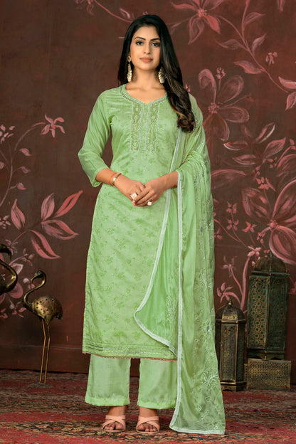 Pista Green Colour Unstitched Cotton Jacquard Straight Suit