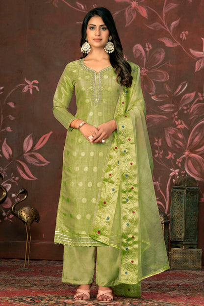 Pista Green Colour Unstitched Modal Cotton Jacquard Straight Suit