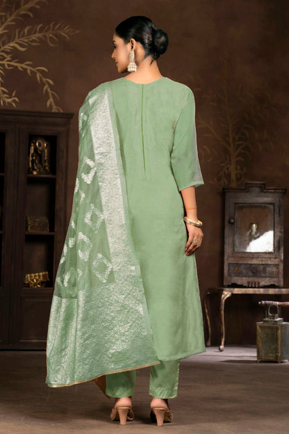 Pista Green Colour Unstitched Organza Pant Style Suit