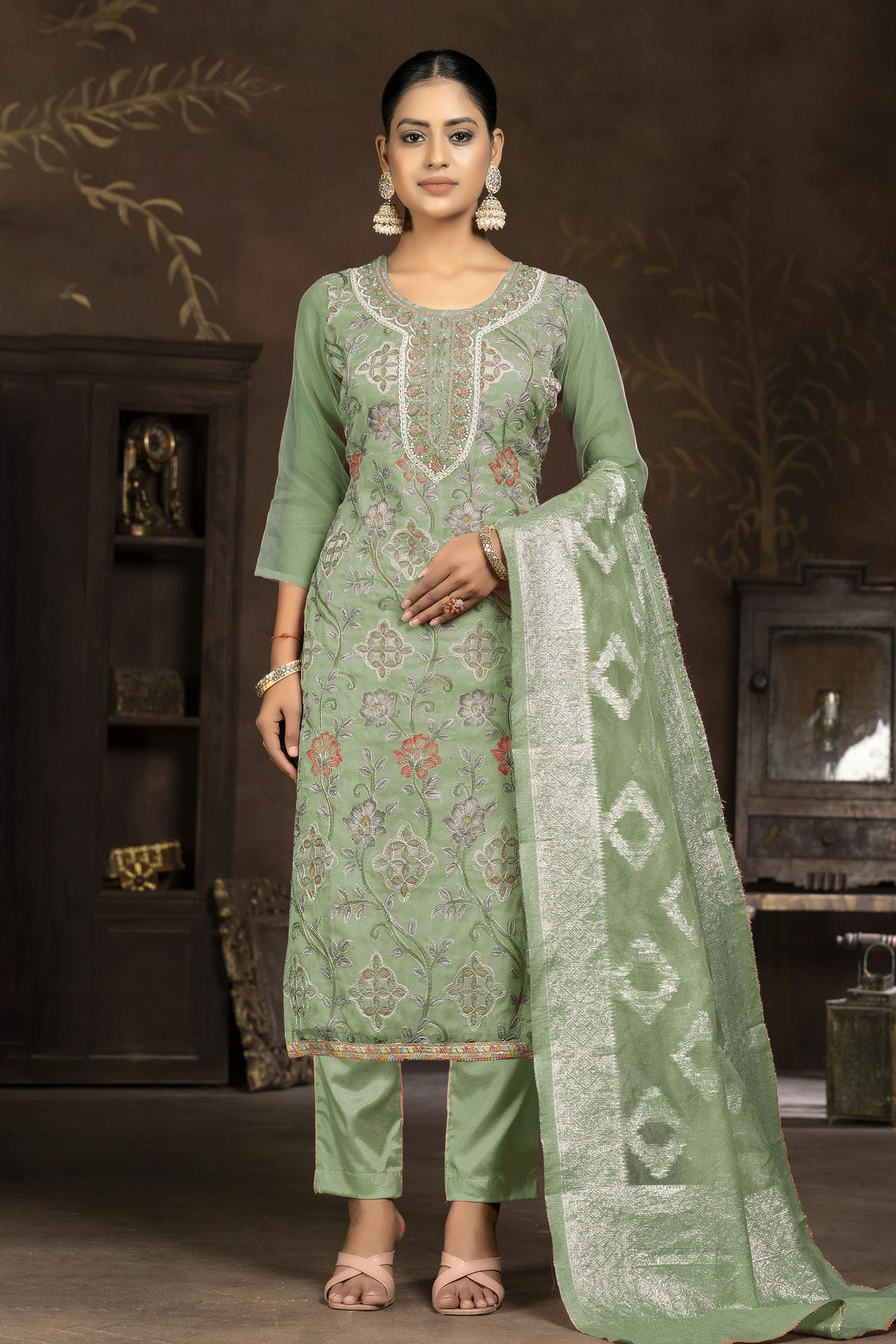 Pista Green Colour Unstitched Organza Pant Style Suit