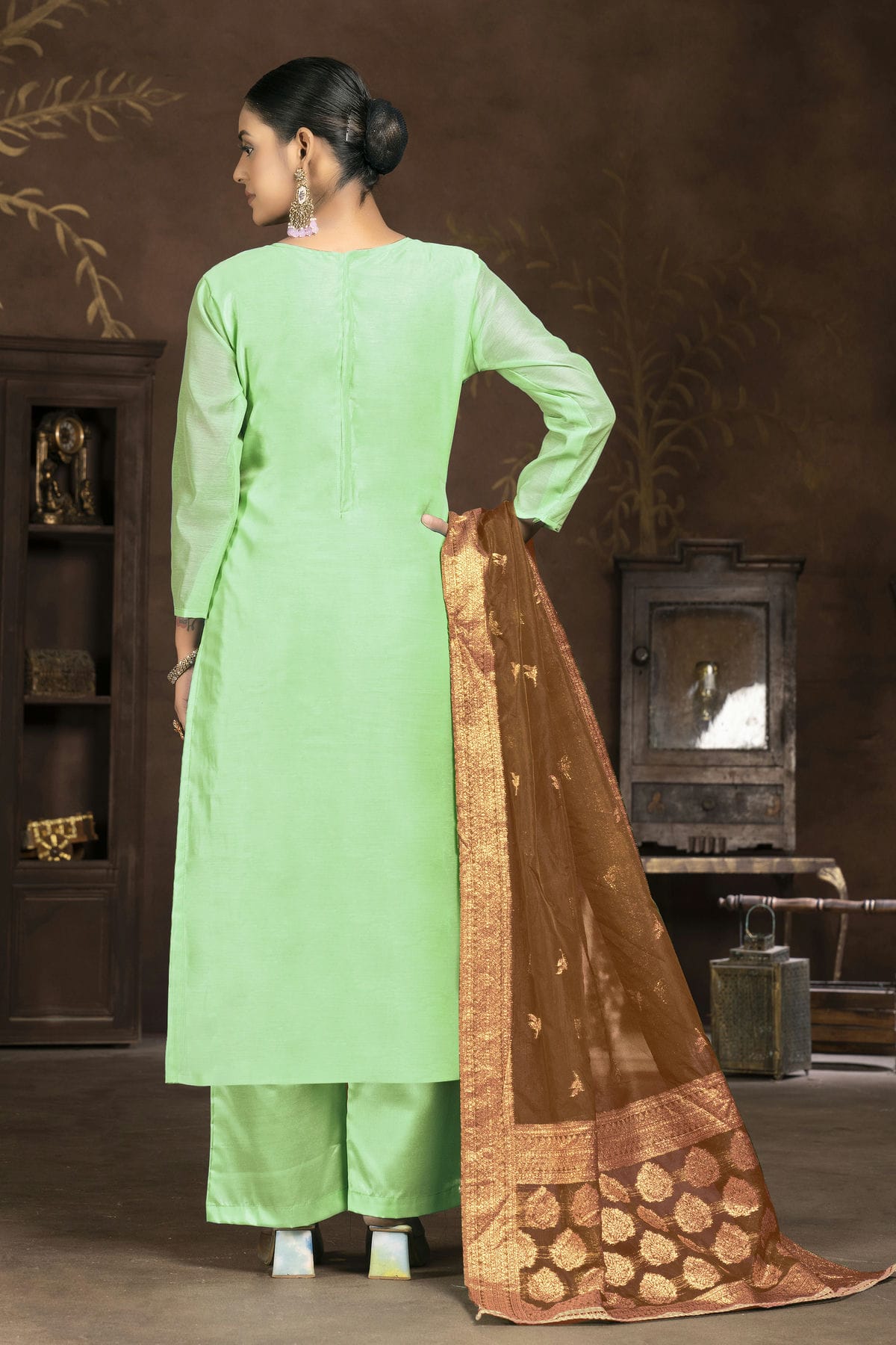 Pista Green Colour Unstitched Organza Plazzo Pant Suit