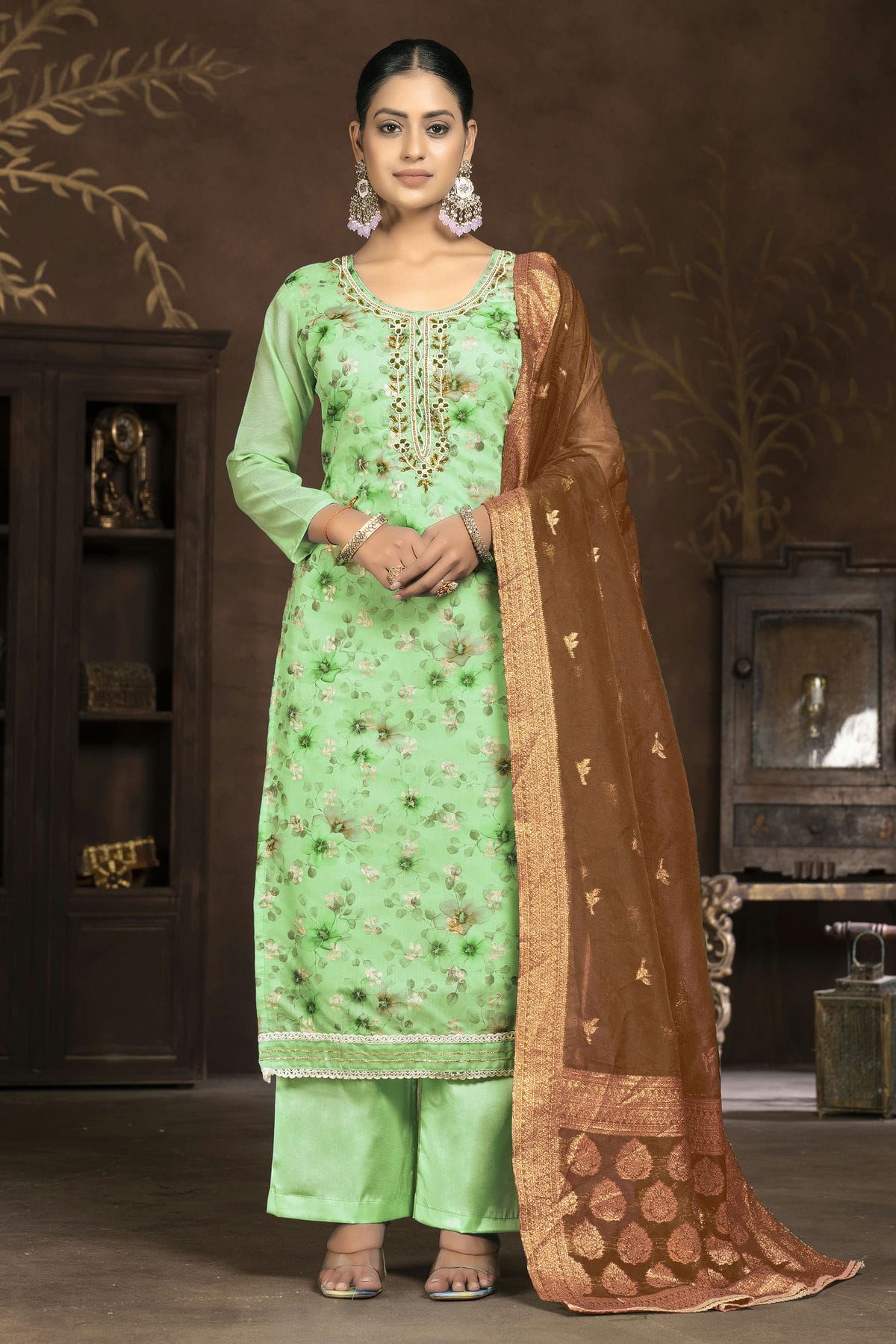 Pista Green Colour Unstitched Organza Plazzo Pant Suit