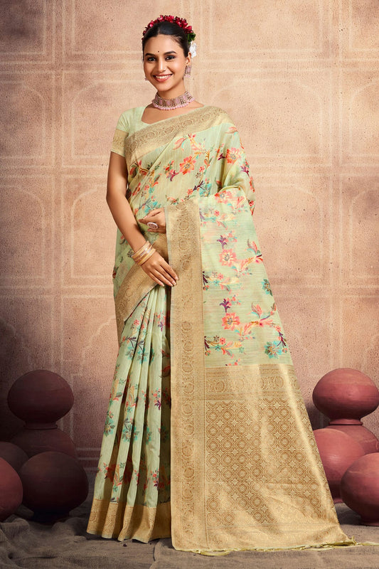 Pista Green Colour Woven Work Cotton Saree