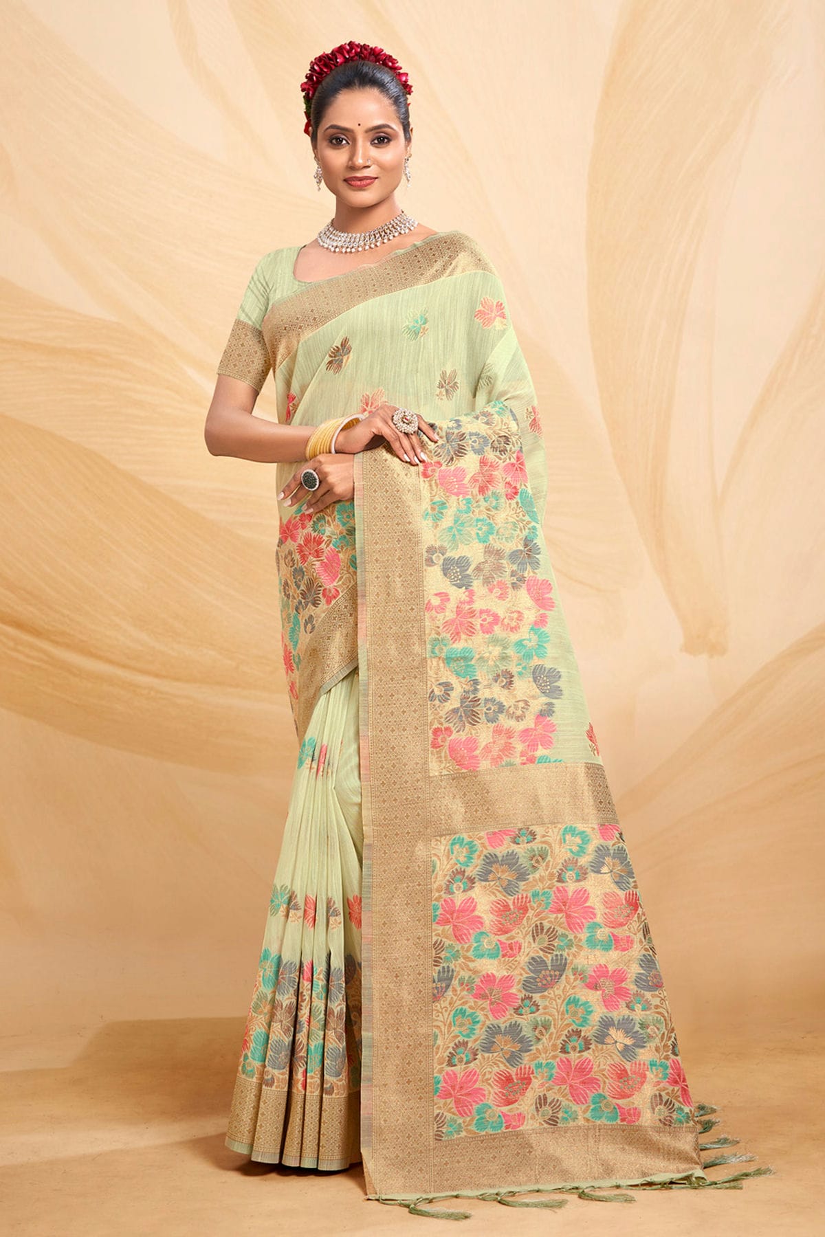 Pista Green Colour Woven Work Cotton Saree