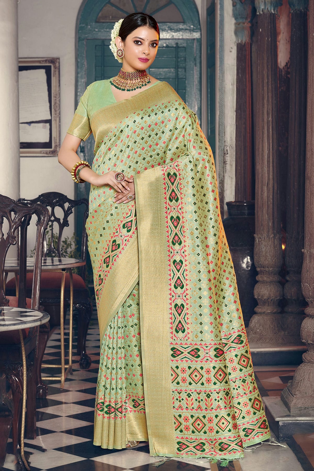 Pista Green Colour Woven Work Patola Silk Saree