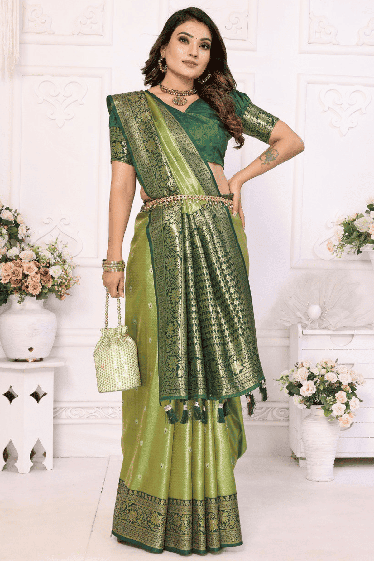 Pista Green Colour Woven Work Pure Banarasi Tissue Silk Traditional Saree VSSD1250251