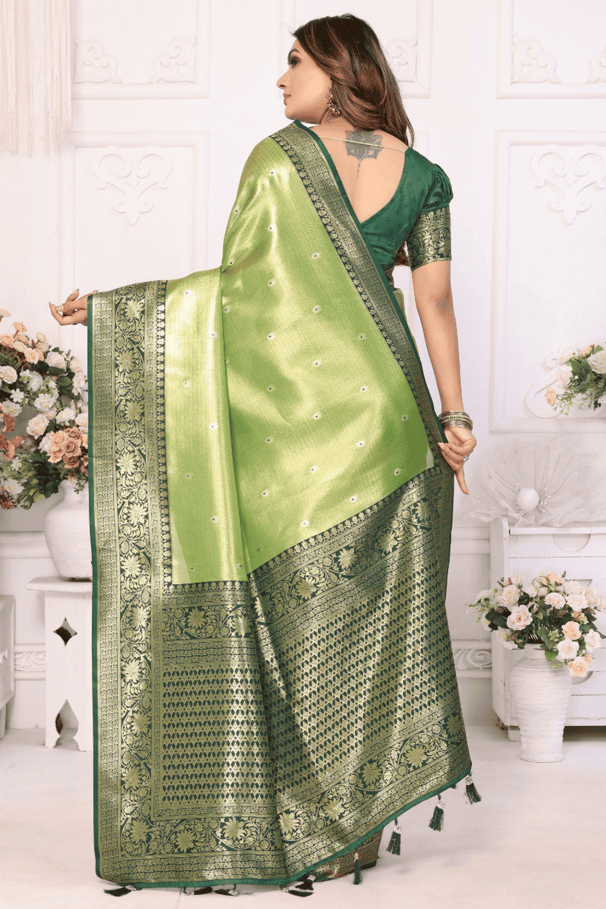 Pista Green Colour Woven Work Pure Banarasi Tissue Silk Traditional Saree VSSD1250251