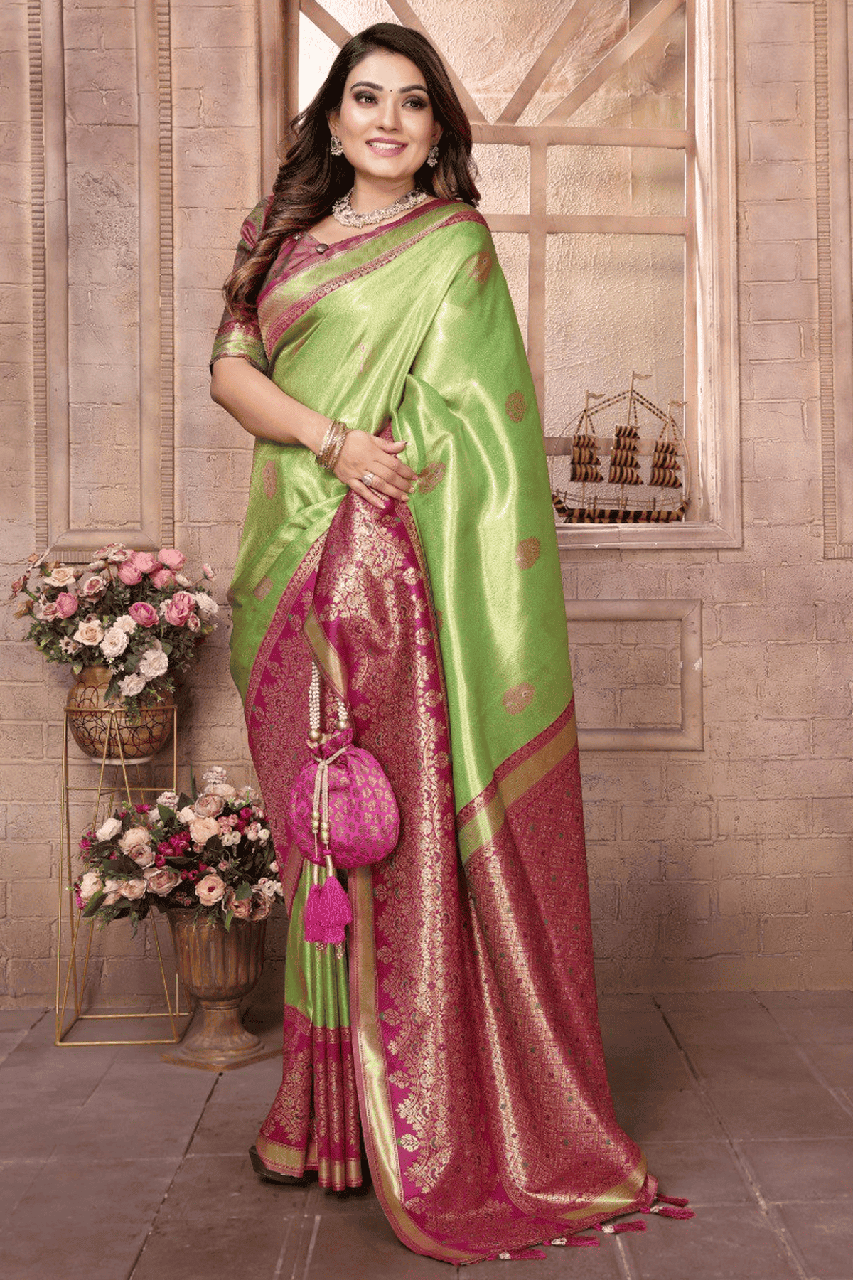 Pista Green Colour Woven Work Pure Banarasi Tissue Silk Traditional Saree VSSD1250286