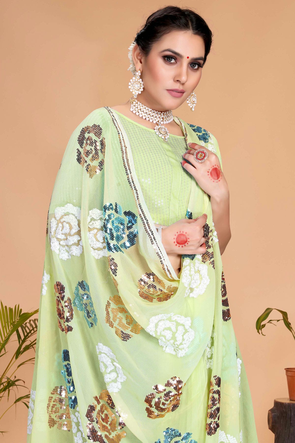 Pista Green Colour Georgette Saree