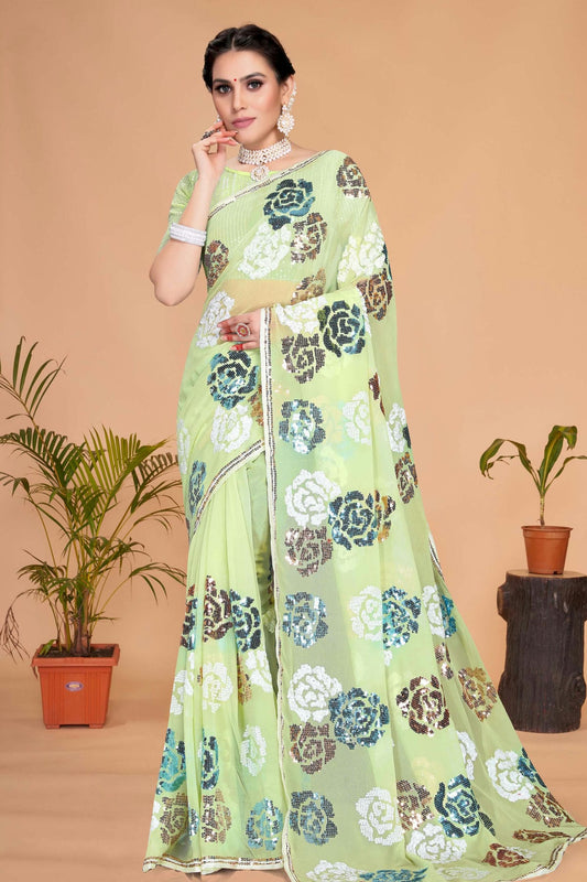 Pista Green Colour Georgette Saree