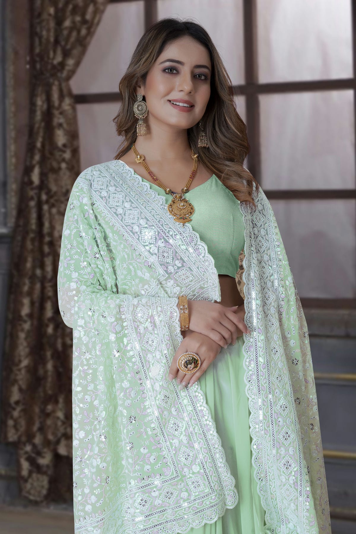 Pista Green Colour Georgette Saree VSSD1090883