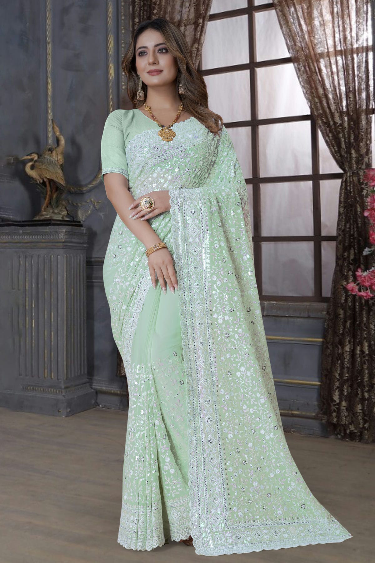 Sea Green Colour Georgette Saree