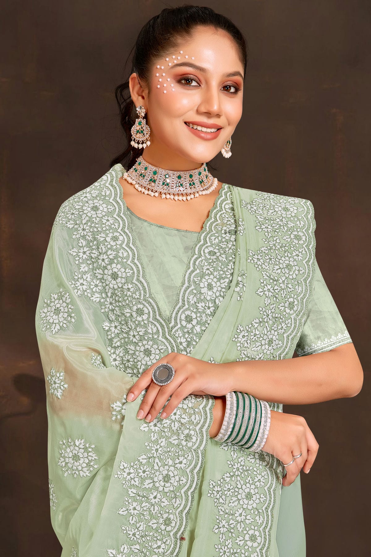 Pista Green Colour Organza Saree