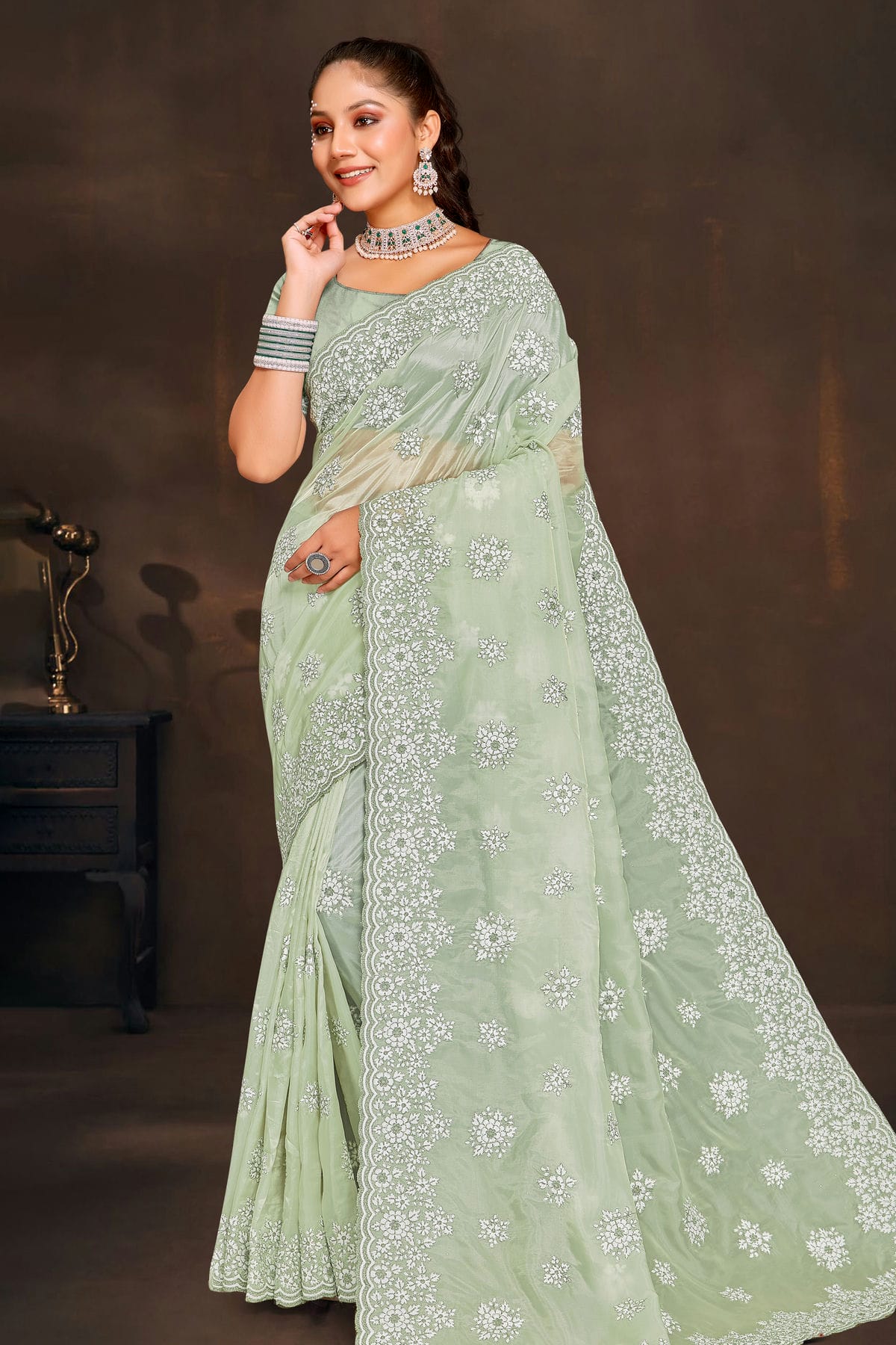 Pista Green Colour Organza Saree