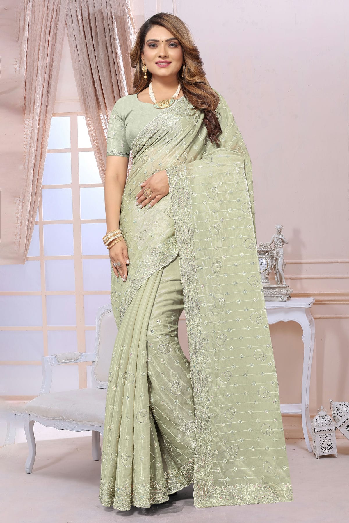 Pista Green Colour Organza Saree