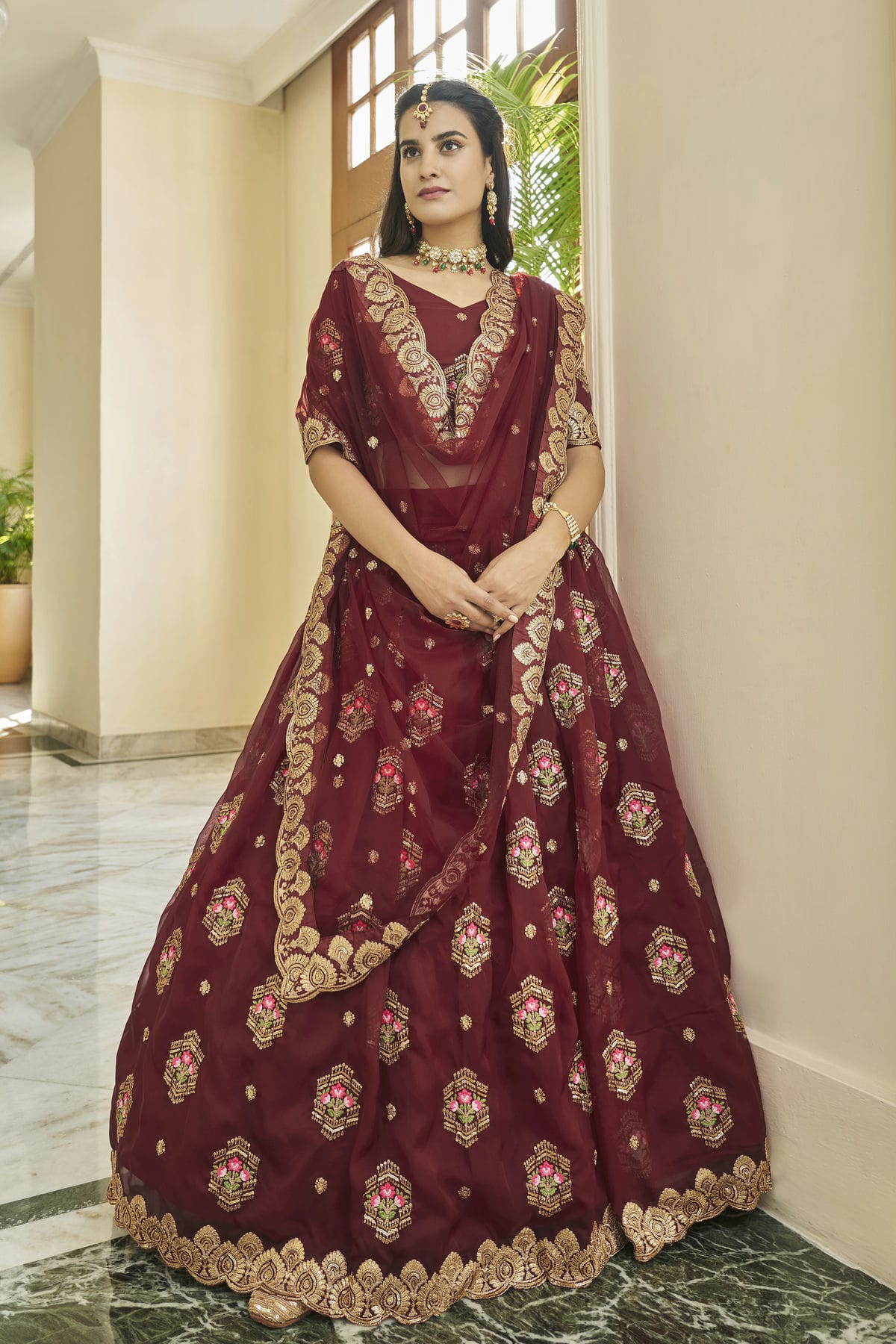 Premium Organza Designer Lehenga Choli In Maroon Colour