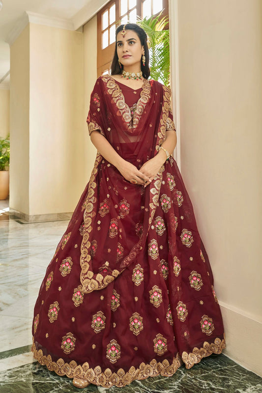 Premium Organza Designer Lehenga Choli In Maroon Colour