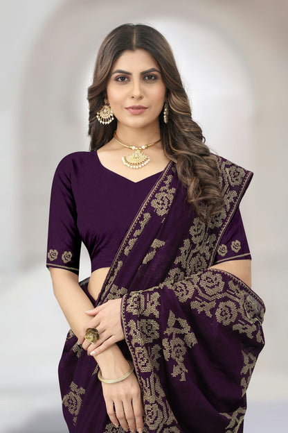 Purple  Colour Vichitra Silk Designer Saree