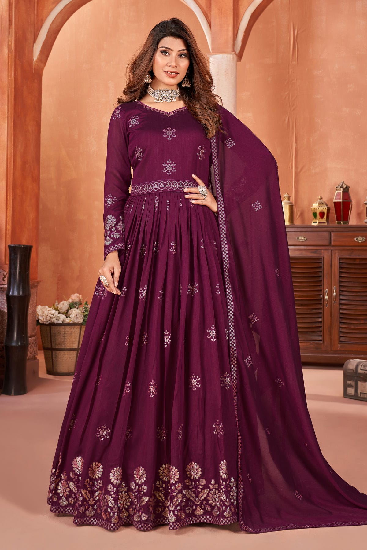 Purple Colour Anarkali Suit Art Silk Semi Stitched