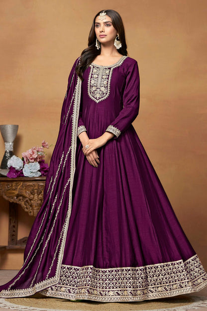 Purple Colour Anarkali Suit Art Silk Semi Stitched