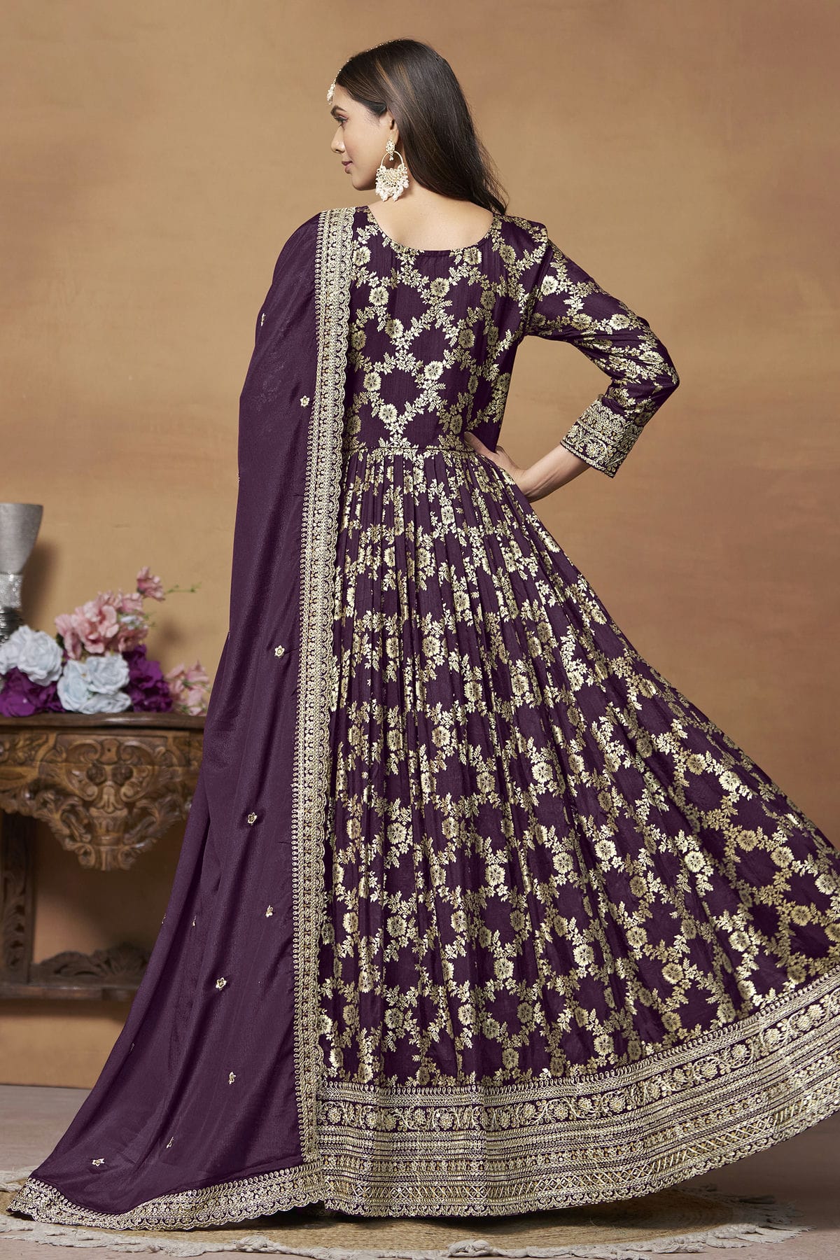 Purple Colour Anarkali Suit Dola Jacquard Semi Stitched