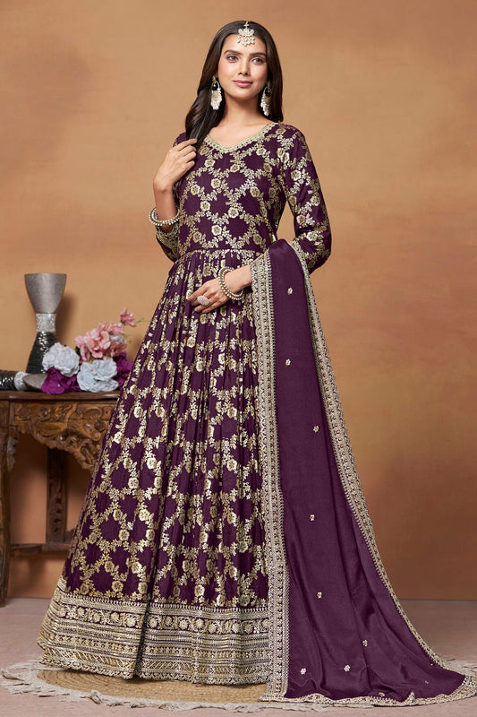 Purple Colour Anarkali Suit Dola Jacquard Semi Stitched